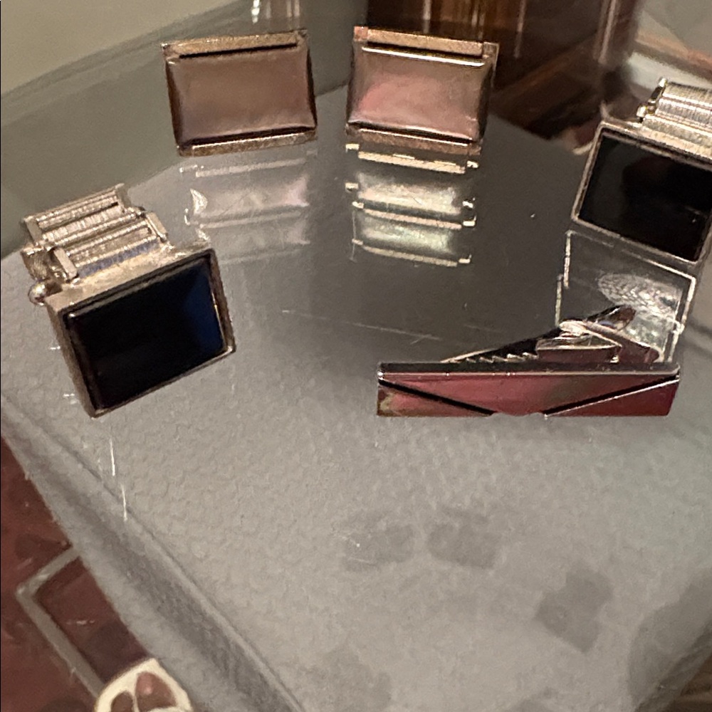Set of genuine abalone cuffs, black and silver cuffs with silvertone tie bar